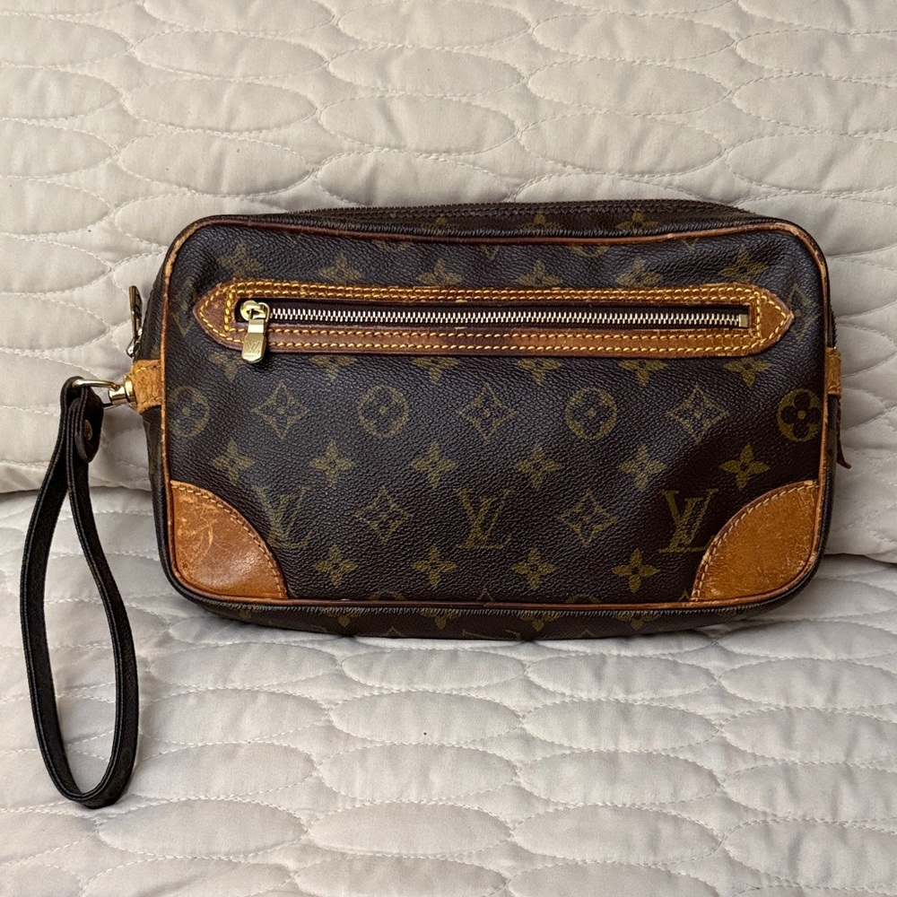 Authentic Louis Vuitton Monogram Toiletry Bag in Brown and Tan